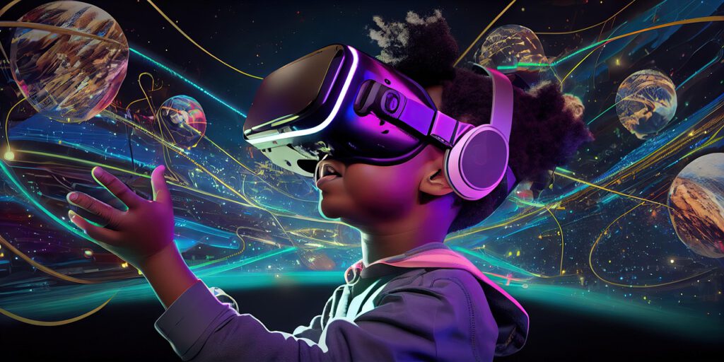 Kind verwendet VR-Headset in einem farbenfrohen digitalen Universum, das Metaversum und Bildung darstellt.